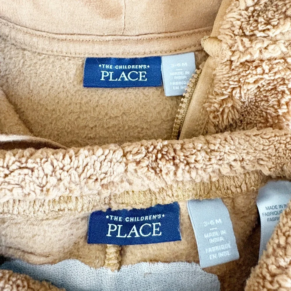 The Children's Place Baby Brown Sherpa Fleece Bear Ear Hoodie Jogger Set 3-6M